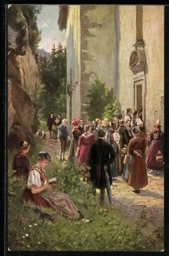 Künstler-AK W. Hasemann: Vor der Wallfahrtskirche, Dörfler in Trachtenkleidung betreten die Kirche