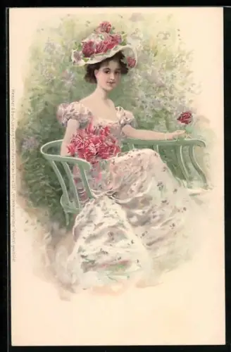 Lithographie Willkommengrüsse, junge Dame mit Rosen
