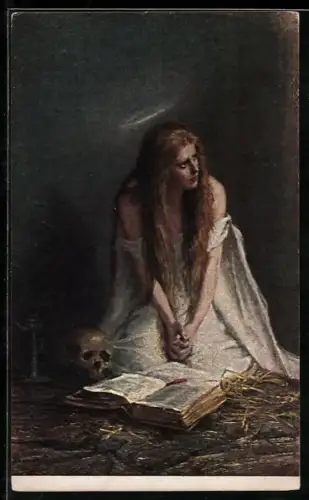 Künstler-AK Magdalena mit Heiligenschein und Totenkopf