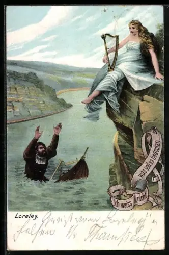 AK Schiffbrüchiger hebt die Arme zur Loreley