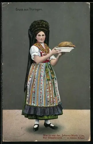 AK Thüringerin in Volkstracht mit Gänsebraten