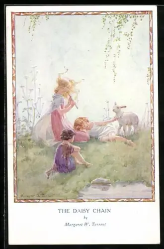Künstler-AK Margaret W. Tarrant: Mädchen musizieren für das Lamm auf der Wiese, The Daisy Chain