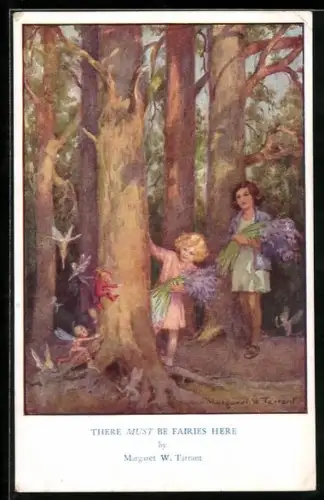 Künstler-AK Margaret W. Tarrant: There must be Fairies here, Kinder haben im Wald Elfen entdeckt