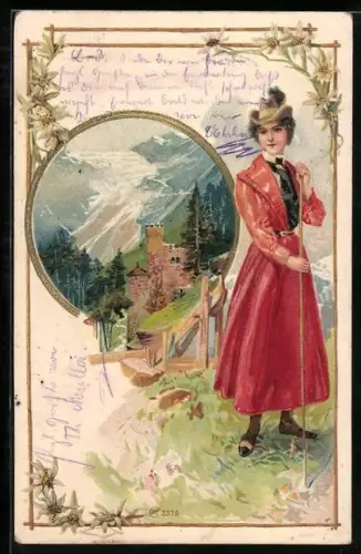 Lithographie Junge Wanderin in den Bergen, Burg vor Gletscherpanorama, Edelweiss, Jugendstil