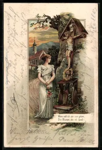 AK junge Frau mit Blumen in der Hand vor Jesuskreuz