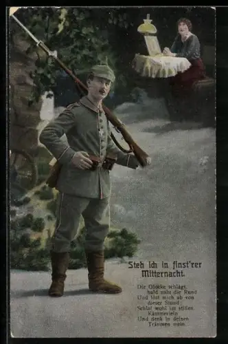 AK Soldat mit geschultertem Gewehr denkt an seine Frau, Steh ich in finst`rer Mitternacht