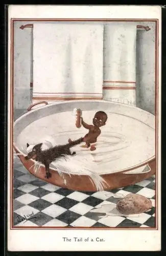 Künstler-AK T. Gilson: The Tail of the Cat, Scherz, Schwarze Katze