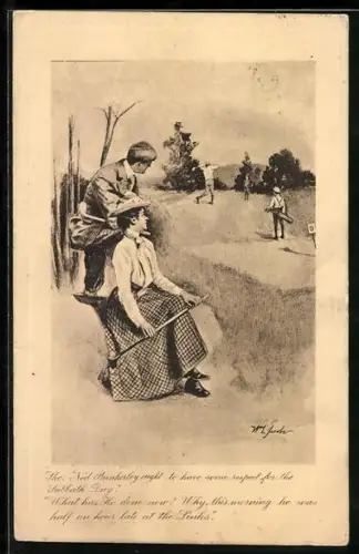 Künstler-AK Paar beim Golf unterhält sich