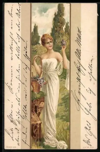 AK Frau im weissen Kleid mit Blumenkorb, Jugendstil