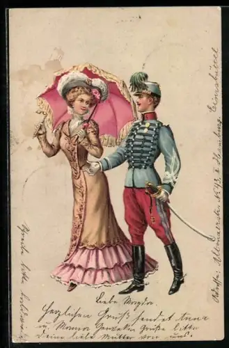 Künstler-AK junger Husar auf einem Spaziergang mit einer Dame