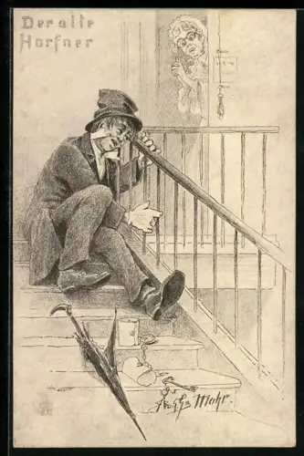 AK Der Alte Harfner, Ehemann liegt betrunken auf dem Treppenabsatz