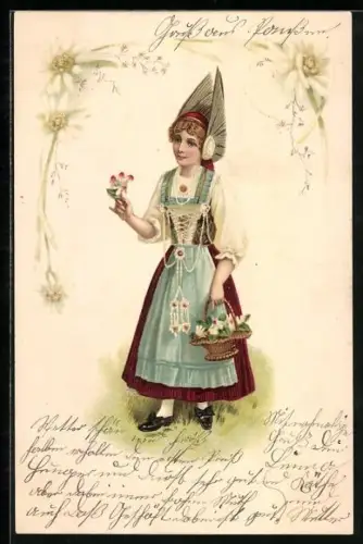 AK Elegante Frau in Tracht mit Blumenkorb