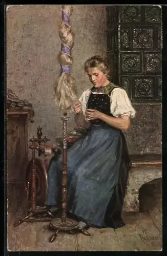 Künstler-AK W. Hasemann: Spinnerin an einem Spinnrad