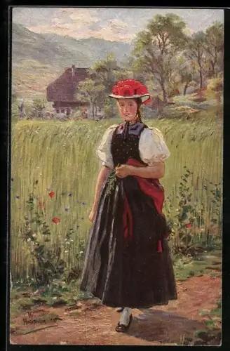 Künstler-AK W. Hasemann: Gutacher Mädchen, Junge Frau in Tracht auf dem Feldweg