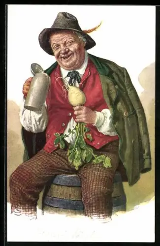 AK Mann mit Masskrug und Rettich in der Hand sitz auf einem Fass