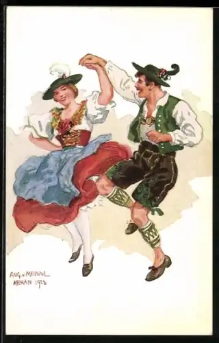 Künstler-AK sign. Aug. v. Meissl: Tanzendes Paar in Tracht