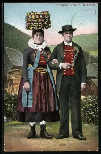 AK Brautpaar von St. Georgen, Hochzeitstracht