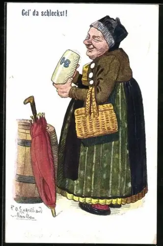 Künstler-AK P. O. Engelhard (P.O.E.): Alte Bayerin lässt sich ihr Bier schmecken