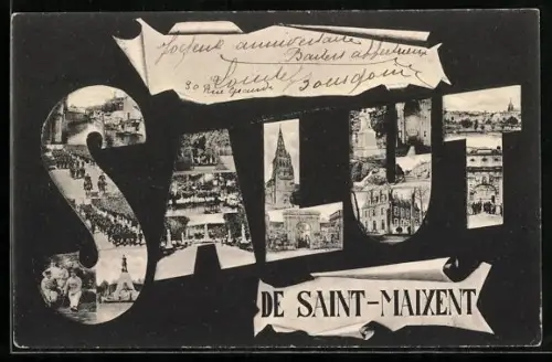 AK Saint-Maixent, Collage de vues locales avec message Salut