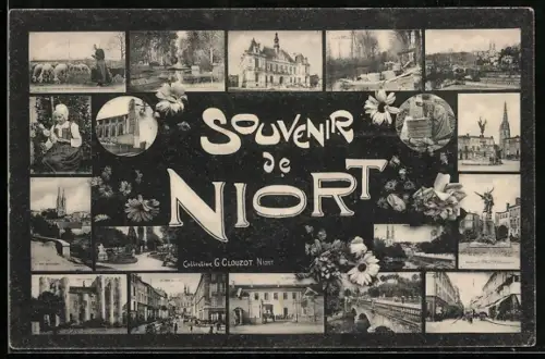 AK Niort, Souvenir de Niort avec vues multiples et décor floral