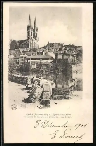AK Niort /Deux-Sèvres, L`Église Saint-André vue prise de la place des Ormeaux et rue Baugier