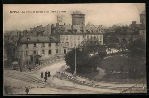 AK Rodez, La Poste et Jardin de la Place d`Armes