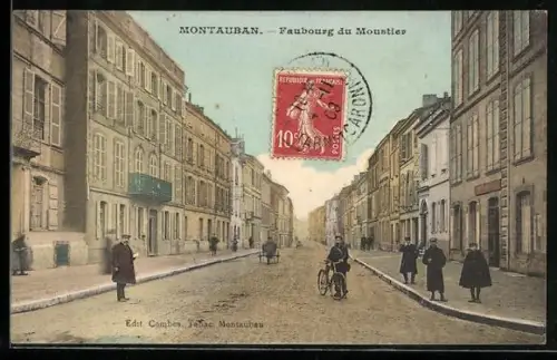 AK Montauban, Faubourg du Moustier avec passants et cycliste