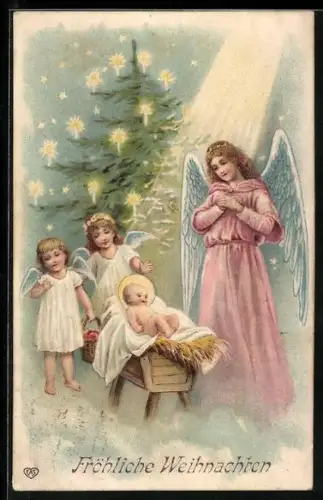 Präge-Lithographie Weihnachtsengel an der Krippe mit Jesuskind, Weihnachtsgruss