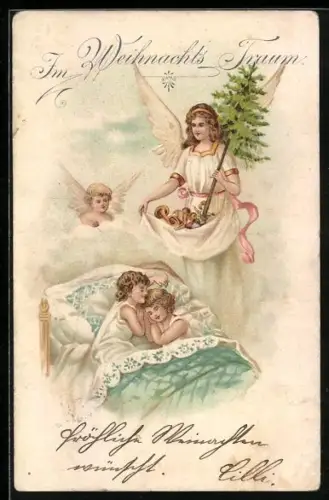 Lithographie Im Weihnachtstraum, Weihnachtsengel beschert, schlafende Kinder