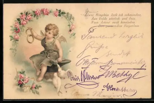 Lithographie Amor schmiedet zwei Eheringe zusammen, Tauben