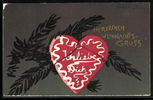 Lithographie Lebkuchenherz mit Tannenzweig, Weihnachtsgruss
