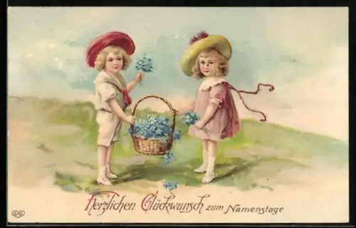 AK Zwei Kinder mit einem Korb Blumen, Herzlichen Glückwunsch zum Namenstage