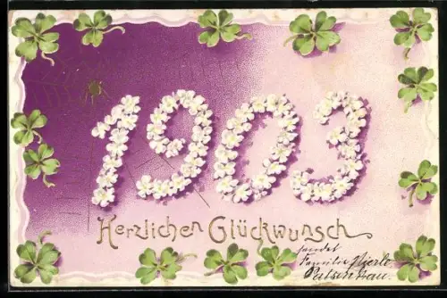 Lithographie Neujahrsgruss mit Jahreszahl 1903, Spinne im Netz, Kleeblätter