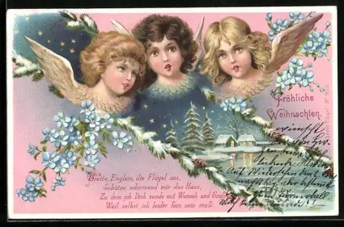 Lithographie Singende Weihnachtsengel mit nächtlicher Winterlandschaft, Weihnachtsgruss