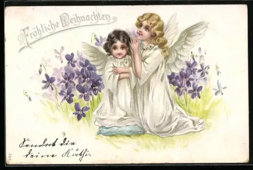 Lithographie Betende Weihnachtsengel, Veilchen, Weihnachtsgruss
