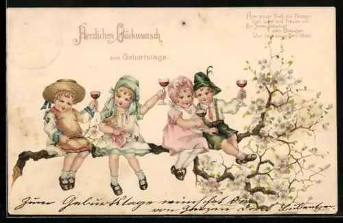 Präge-Lithographie Kinder auf Zweig mit Blüten, Geburtstagsgruss
