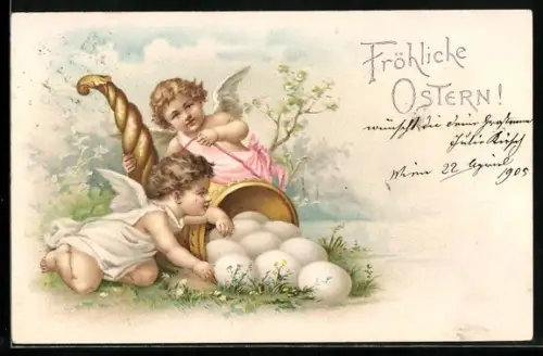 Lithographie Zwei Osterengel mit goldenem Horn voll Eiern