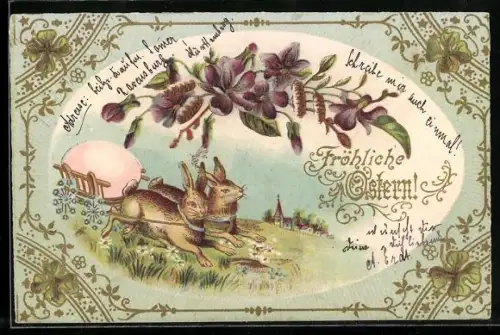 Lithographie Osterhasen ziehen Karren mit Osterei, Ostergruss