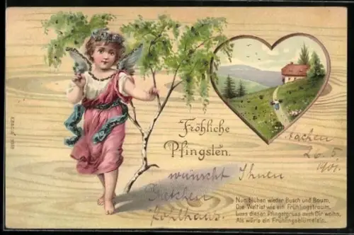 Lithographie Engel mit Birkenzweig, Frühlingslandschaft im Herz, Glitter, Pfingsten