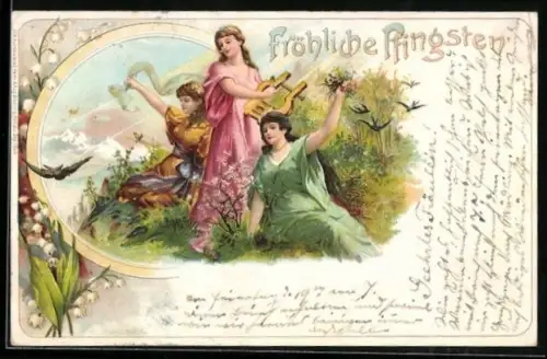 Lithographie Junge Damen mit Lyra im Grünen, Pfingstgruss