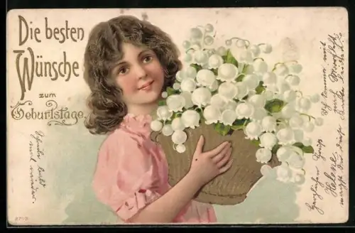 Präge-Lithographie Mädchen mit Maiglöckchen, Geburtstagsgruss