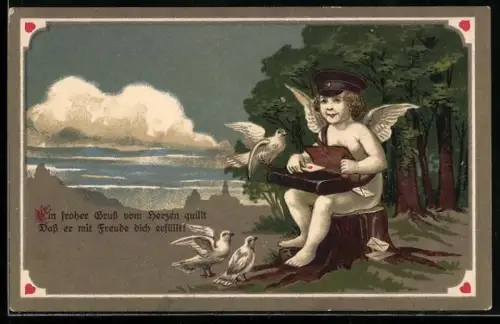 AK Engel als Briefträger mit Briefen und Brieftauben auf einem Baumstumpf sitzend