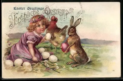 Präge-AK Kleines Mädchen u. Osterhase mit Eiern, Ostergruss