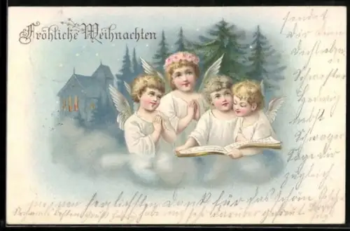 Lithographie Weihnachtsengel mit Gesangsbuch vor Kirche, Weihnachtsgruss
