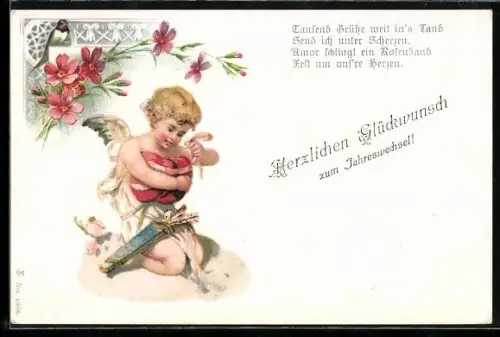 Lithographie Amor wickelt zwei Herzen zusammen, Neujahrsgruss