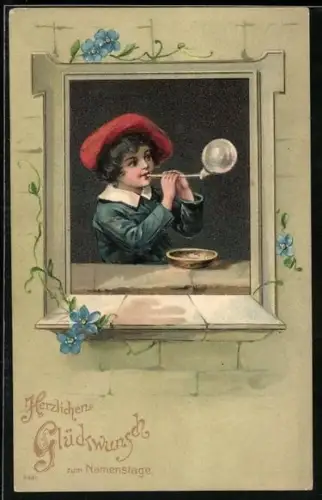 Präge-AK Knabe macht Seifenblasen am Fenster, Herzlichen Glückwunsch zum Namenstag