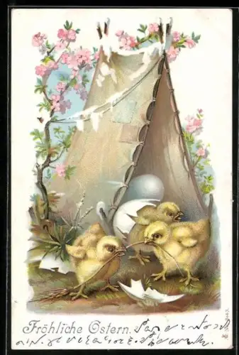 Lithographie Osterküken mit Eierschalen am Zelt, Ostergruss