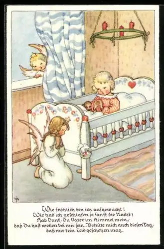AK Kind betet im Bett, zwei kleine Engel schauen ihr zu