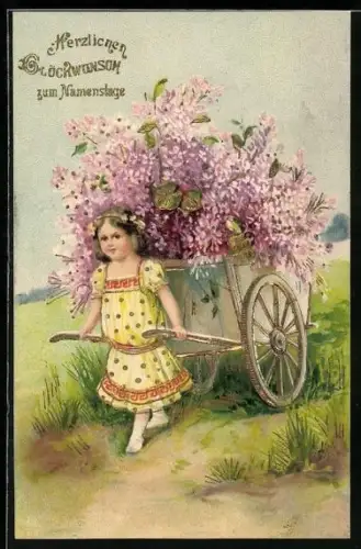 Präge-AK Kind zieht Karren voller Fliederblüten, Glückwunsch zum Namenstag