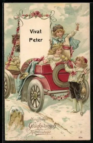 Präge-AK Kinder mit Sektflasche an einem im Auto, Namenstag